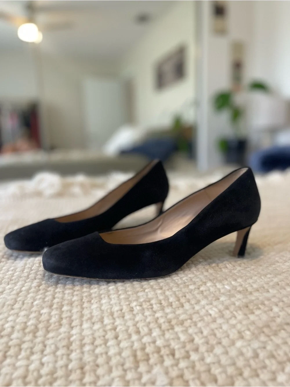 Stuart Weitzman Black Suede Mid-Heel Pumps — Made in Spain